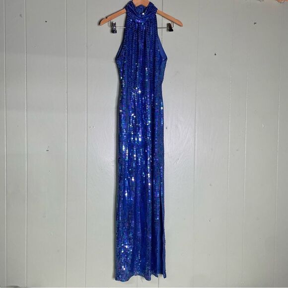 Vintage 90s Iridescent Blue Sequin Open Back Slit Dress by Robert Anthony Size 6 - Picture 2 of 9